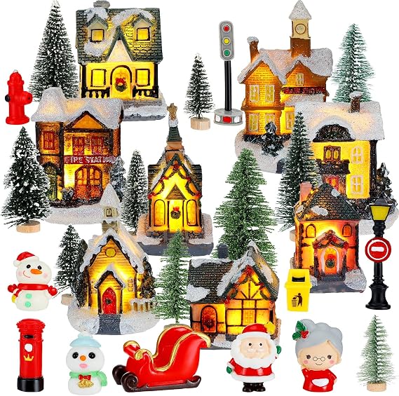 Woanger 29 Pcs Christmas Village Set LED Lighted Houses Holiday Party