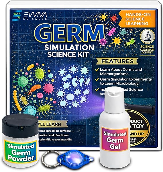 ES EVVIVA SCIENCES Germ Simulation Science Kit Glow-in-the-Dark Powder & Gel - Blacklight Reactive Demonstration - Classroom Lab Activity - Ages 16+ Simulates Transfer on Hands & Surfaces