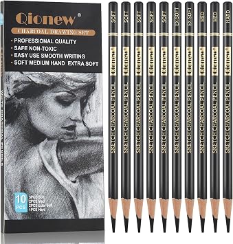 Qionew Professional Charcoal Pencils Drawing Set - 10 Pieces Super Soft, Soft, Medium & Hard Charcoal Pencils for Drawing, Sketching, Shading, Beginners & Artists