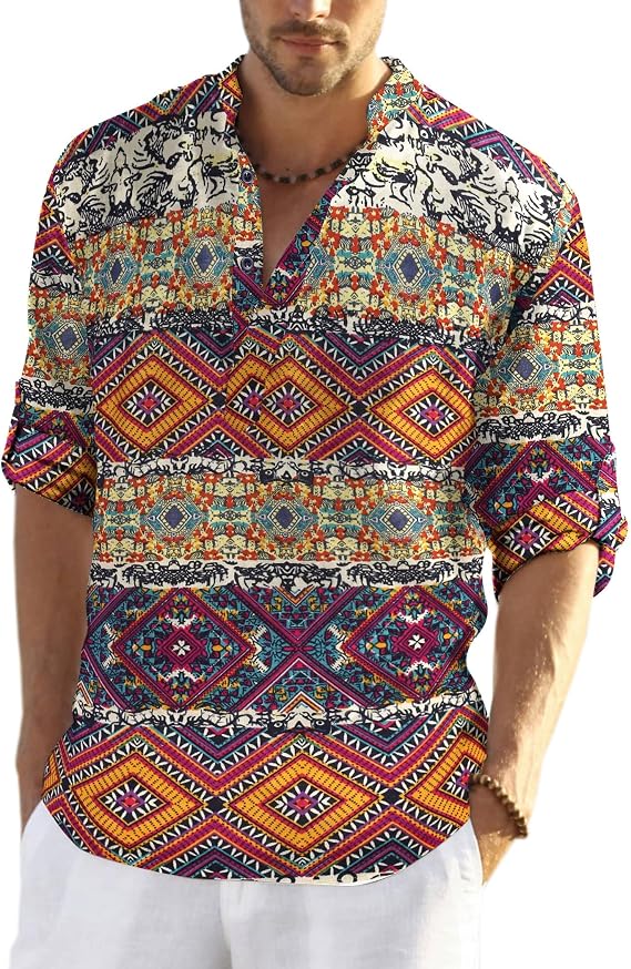 COOFANDY Men's Shirt Long Sleeve Henley Shirt Linen Shirt Cotton Casual Regular Fit Summer Shirt