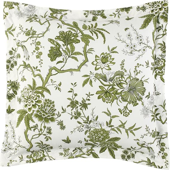 Ballard Designs - Jardin Toile Luxury Sham Pillow Cover Elegant French Garden Motif in Muted Sage, 100% Cotton Percale with Tailored Flange, Premium Bedding Accent (EUR, 26" W x 26" L)