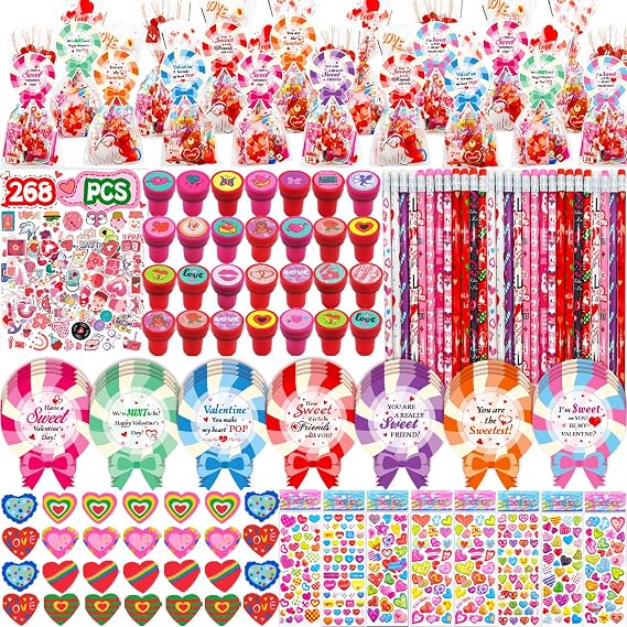 268pcs Valentines classroom gifts, valentine for class valentines day gifts cards bulk valentine gifts for kid classroom school valentines party favors goodie bags exchange treats for kid
