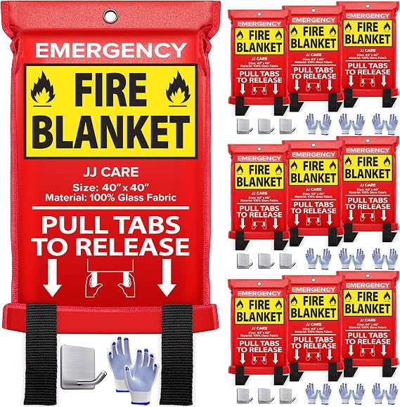 JJ CARE Fire Blanket 10 Pack with Hooks and Gloves, 40" x 40" Flame Retardant Emergency Safety Cover for Home, Kitchen, Grill, Car, Office, Camping, High Heat Resistant