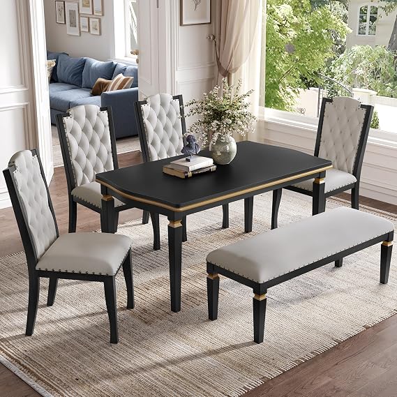 LUMISOL 6-Piece Farmhouse Dining Table Set, 60 Solid Wood Table, 4 Upholstered Chairs and Bench, Black