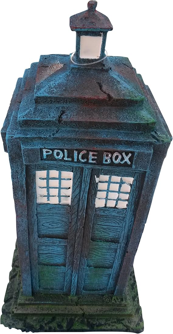 Old Style 1960's Police Box Aquarium Ornament Decor, Fish Safe Polyresin, 7 Inches Tall | Aquarium Fish Tank Tardis Fish Hideout House Resin Ornament, Blue Decoration