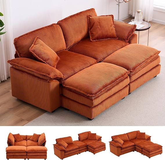 84.6" Sectional Sofa Couch, Oversized Chaise Lounge, Loveseat Modular Convertible Couch, 2 Ottomans, 2 Pillows, Corduroy Upholstered Recliner for Living Room, Apartment, Home Theatre, Orange