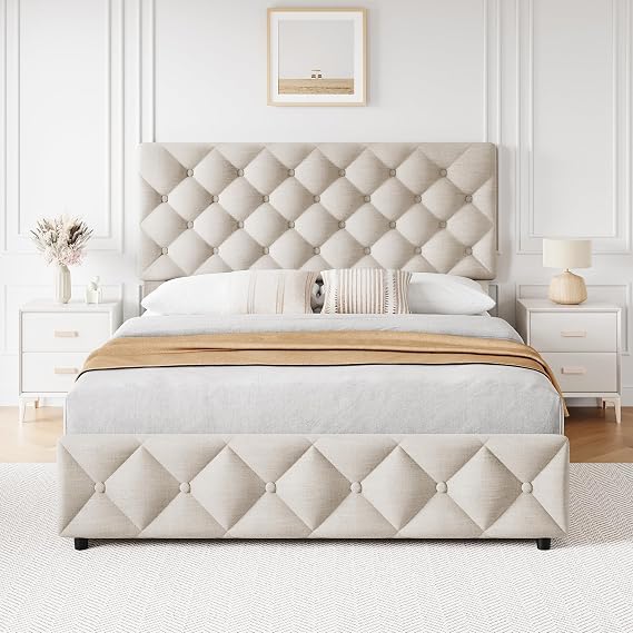 Queen Size Bed Frame with 4 Drawers and Headboard, Tufted Design, Linen Upholstered Platform Bed Frame, Wooden Slat, No Box Spring Need, Beige