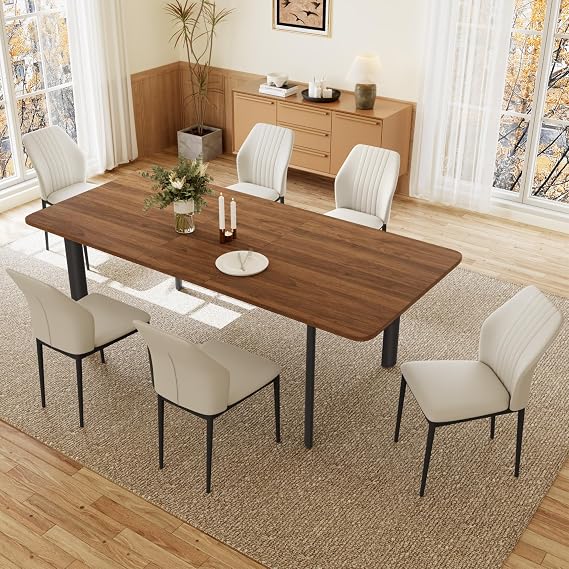 JIEXI Dining Table with 4-8 Chairs Set Extendable Dining Set Modern Stylish MDF Panels Dining Table for the Living Room (160-200 cm Walnut Coloured Table + 6 White Chairs - C)