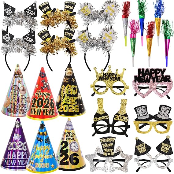 ceiba tree Happy New Years Eve Party Favors Accessories NYE Supplies 2026 New Year Party 6 Paper Hats 6 Felt Headbands 6 Felt Plastic Frame Glasses 6 Noisemakers