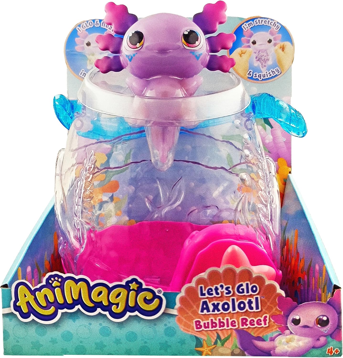 Animagic - Akvaryum Axolotl, 4 yaşından büyük çocuklar için etkileşimli oyuncak, elektronik ve ışıklı evcil hayvanınızı taşımak için, akvaryum ve mor Axolotl içerir