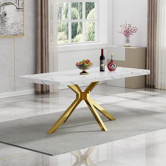 Faux Marble Dining Table for 6, Modern 70" Rectangular White Marble Kitchen Table with Cross-Shape Gold Stainless Steel Legs, Large Dinner Table for 6-8, Ideal for Kitchen Dining Room