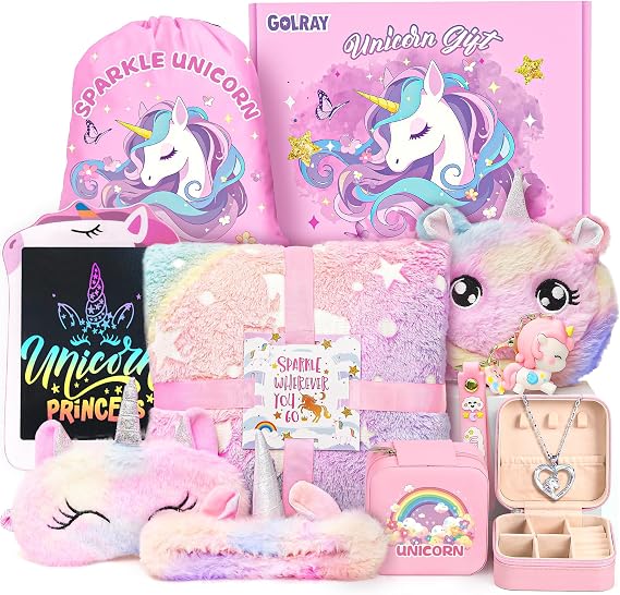 10 Pcs Unicorn Gifts for Girls Toys Christmas Birthday Gifts Kids Girls Age 3 4 5 6 7 8 9 12 with Glowing Blanket/LCD Drawing Tablet, Unicorn Kids Girls Toys for Daughter, Niece, Granddaughter
