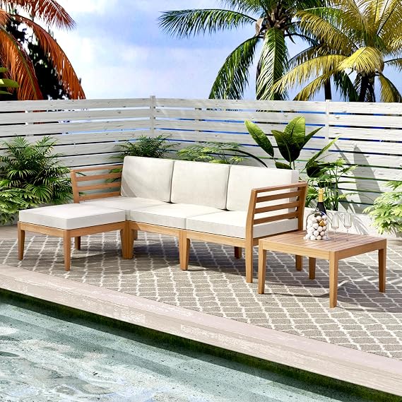 Werph 5-Piece Outdoor Sectional Sofa Set with Acacia Wood Coffee Table