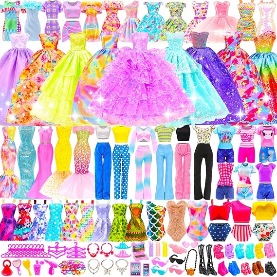 BARWA 116 Pack Doll Clothes and Accessories 5 Wedding Gown Dresses 9 Fashion Dresses Slip Dress 3 Tops 3 Pants 2 Swimsuits Bikini 16 Shoes 15 Hangers and 63 Accessories for 11.5 inch Doll