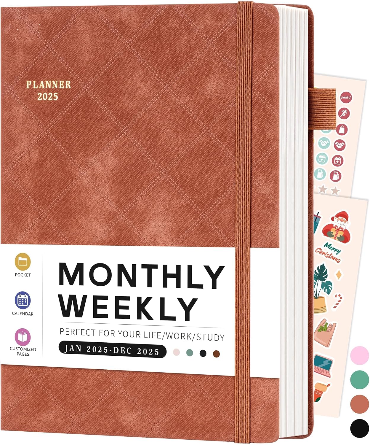 2025 Planner Weekly Monthly 2025 Calendar 12 Month Planners for Men Women Hardcover Agenda 2025 with Band, 2 Stickers, Pen Holder, Pocket, Bookmarks, 5.7 x 8.3, Brown
