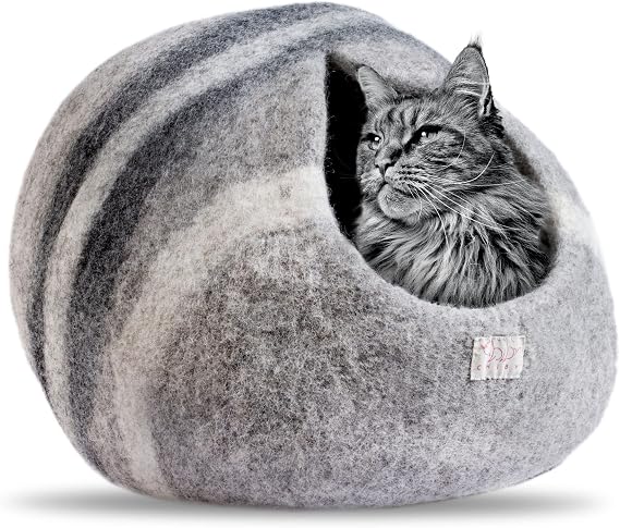 Cat Cave Bed (Medium) Cat House for Indoor Cats~ Eco Friendly~ Hand Felted from 100% Natural New Zealand Wool ~ (Grey Stripe)