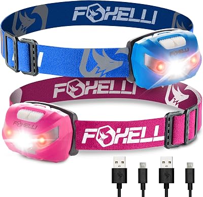Foxelli Rechargeable Headlamp Bundle of 2 – Blue & Pink: Super Bright LED Head Lamps, Lightweight & Comfortable for Running, Camping, Hiking & Work