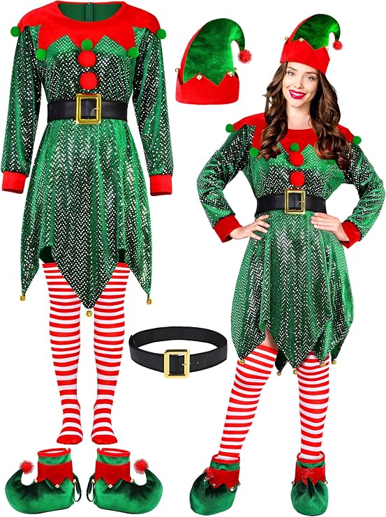 AOTHSO 5 Pieces Christmas Women Elf Cosplay Costume Set Velvet Dress with Sequins Elf Hat Shoes Belt Over Knee High Socks