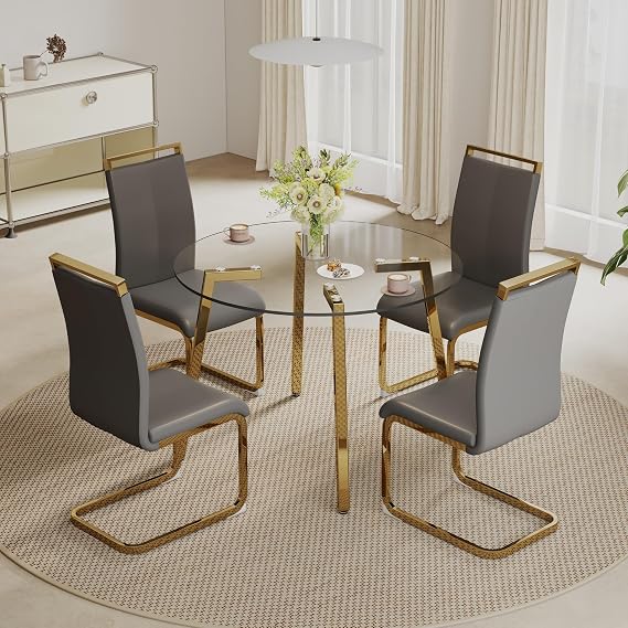 Ebullient Glass Dining Table Set for 4, Round Dining Table Set for 4, Circle Dining Table with 4 Upholstered Dining Chairs, Small Dining Table Set for 4 Suitable for Kitchen, Dining Room