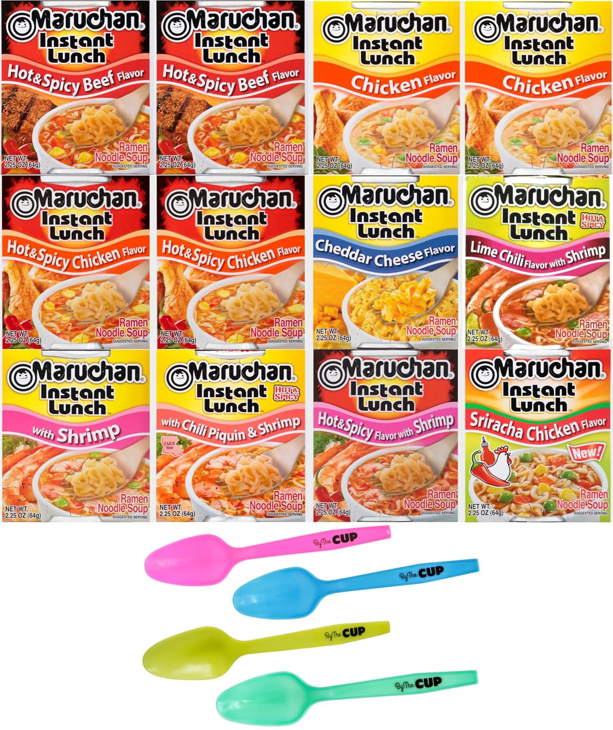 Maruchan Ramen Instant Lunch 9 Flavor Variety, 2.25 oz Pack of 12 with Limited Edition By The Cup Spoons