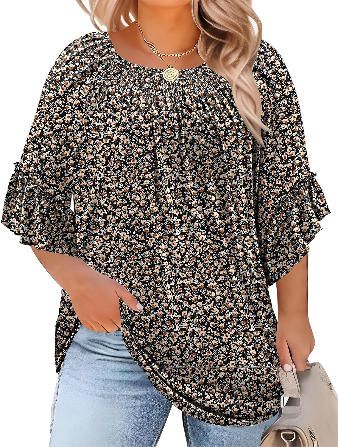 Micoson Womens Plus Size Tops 34 Ruffle Sleeve Shirts Crewneck Pleated Blouses Dressy Casual Fashion Tunic Top 1X-5X