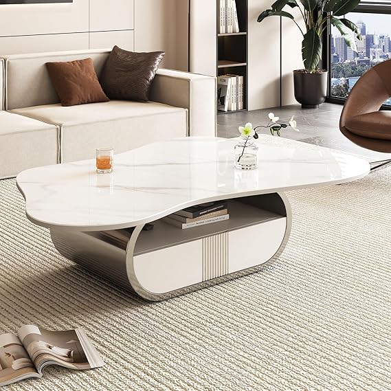 41.7" White Marble Coffee Table with Storage Drawer & Open Shelf, Luxury Center Table with Cloud Shaped Tabletop & Silver Stainless Steel Base, Modern Coffee Table for Living Room Apartment Home Decor