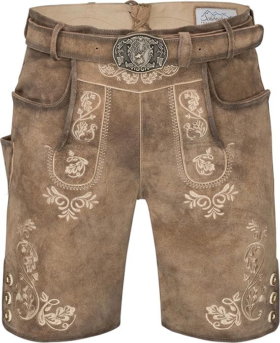 Schoneberger Trachten Couture Lederhosen Men Bavarian Oktoberfest Trousers with Traditional Belt, Genuine Nubuck Leather