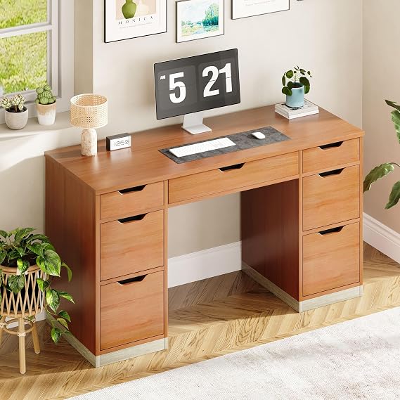 Computer Desk with 7 Drawers, 54 Inch Home Office Desk with Storage, Brown | Small Executive Desk with Stoarge, Writing Desk, Study Desk for Bedroom, Small Spaces
