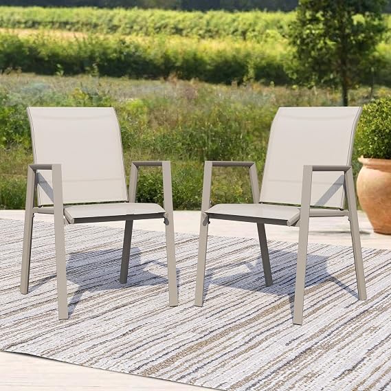 Patio Chairs Set of 2, Stackable Outdoor Dining Chairs with Metal Frame and Breathable Textilene Fabric, All Weather Dining Furniture Set for Lawn, Garden, Backyard, Poolside, Ivory
