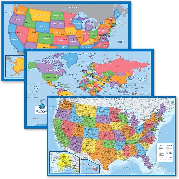 3 Pack - World Map & USA Map for Kids + Blue Ocean World Map - 3 Poster Set (LAMINATED, 18" x 29")