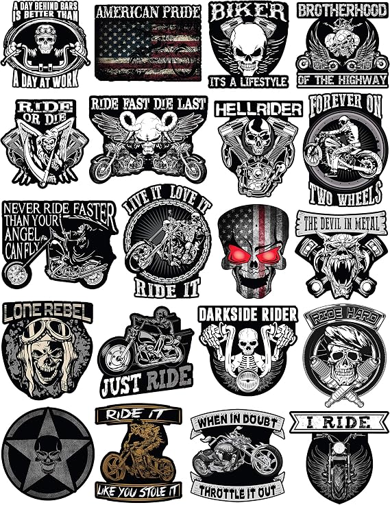 Motorcycle Stickers - Motorcycle Helmet Stickers -Pack of 20 Vinyl Stickers | Badass Motorcycle Decals Including Skulls, American Flag. Motorcycle Stickers for Adults