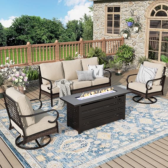 MIXPATIO Patio Conversation Set, 3-Seat, 56-Inch Fire Pit Table, 50,000 BTU